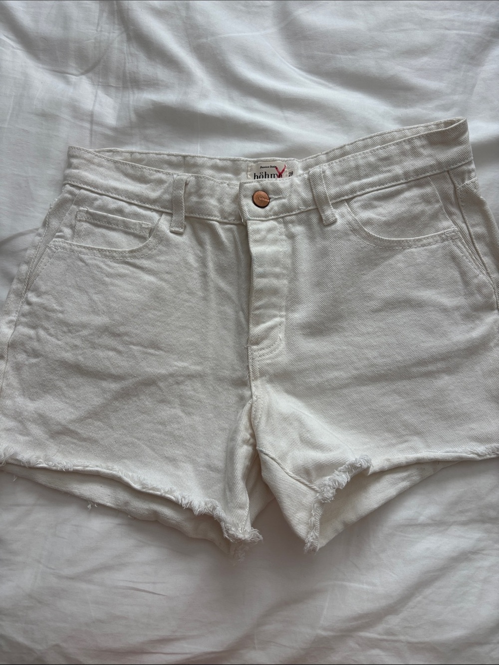 bohme Cream High-Rise Frayed Hem Denim Shorts